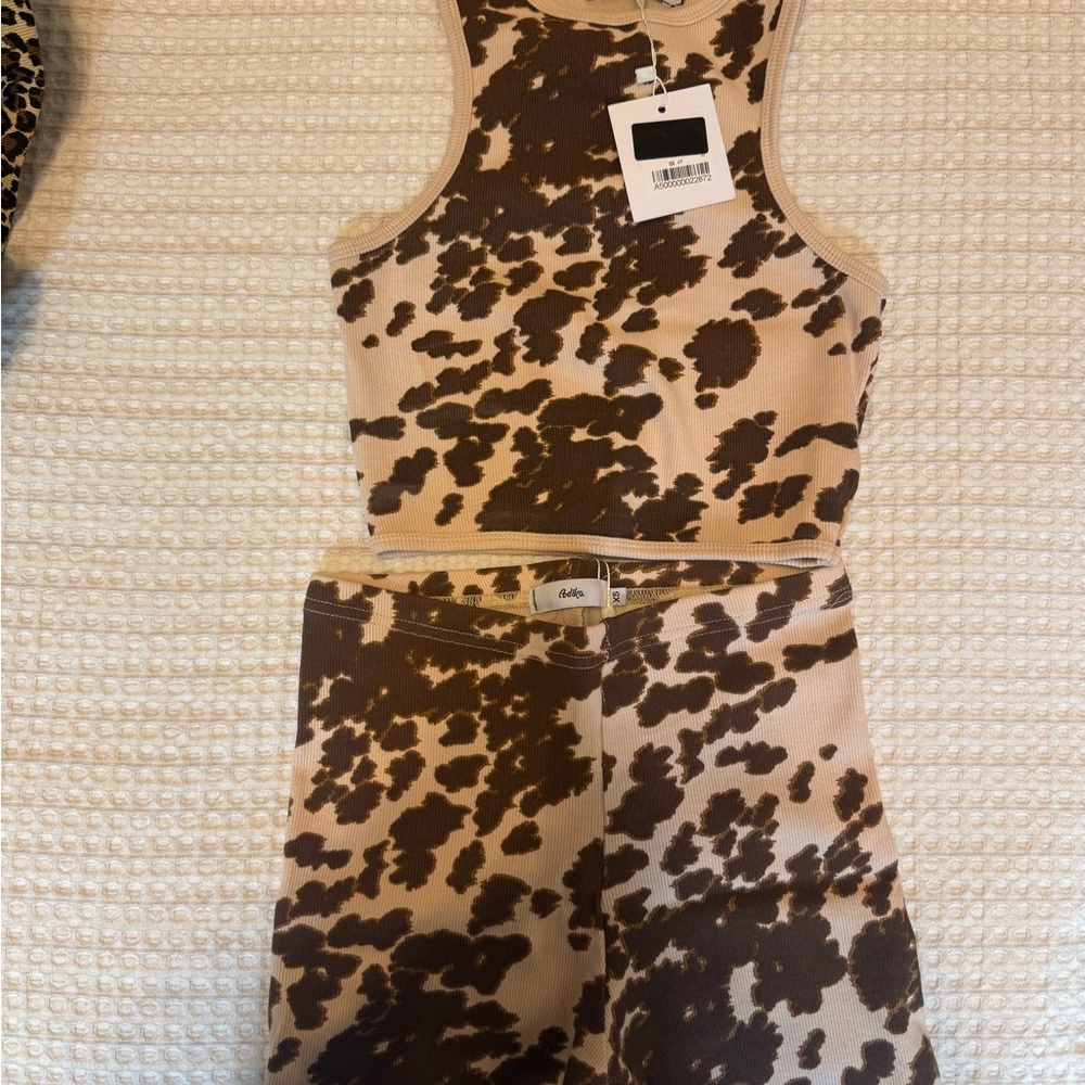 NWT ADIKA. Brown and Cream Cow Print Tank and Shorts Set